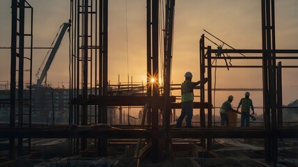 Multiple exposure image of construction site at dawn