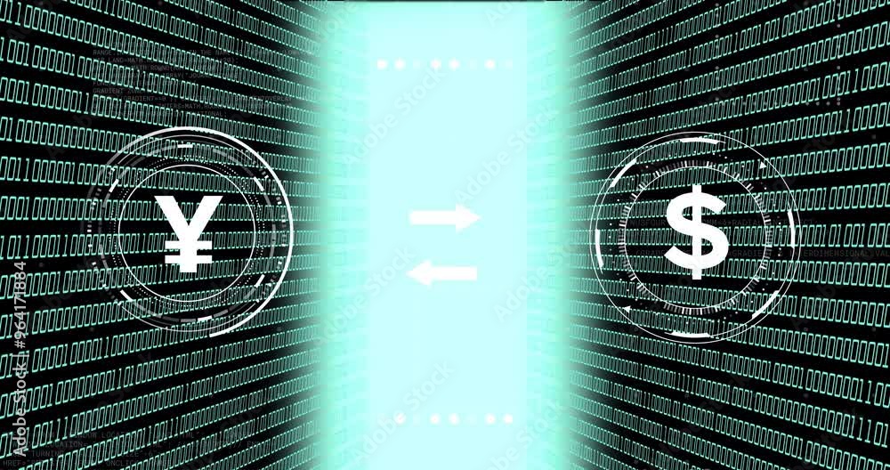 Poster binary code with yen and dollar symbols, currency exchange concept