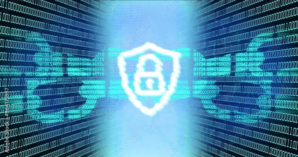 Aufkleber digital padlock and shield over binary code, representing cybersecurity and data protection