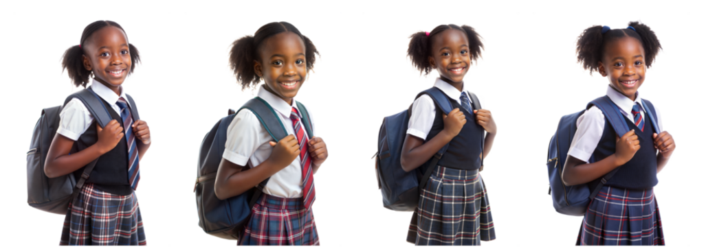 Smiling schoolgirls in uniforms with backpacks on transparent background