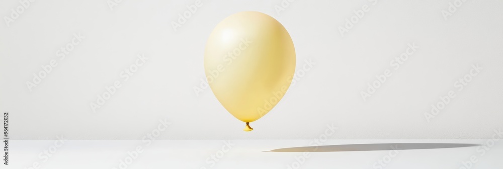 Poster a single helium balloon in a soft yellow shade, floating above a minimalistic white surface with sof
