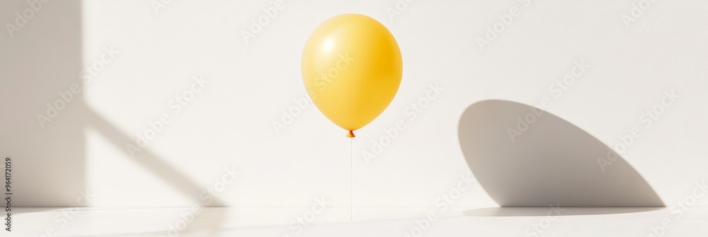 Poster a single helium balloon in a soft yellow shade, floating above a minimalistic white surface with sof