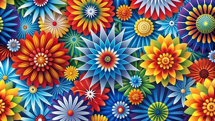 Abstract wallpaper with geometric flowers, sharp lines, primary colors