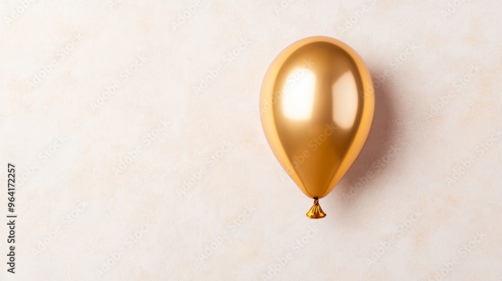 Poster a single metallic balloon in a shiny gold finish, floating against a light background with soft shad