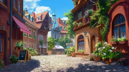 Fototapeta premium Scenic European Village Street Scene with Cobblestone Road, Quaint Buildings, and Lush Greenery under a Bright Blue Sky