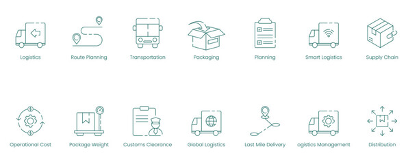 Complete Logistics and Transportation Vector Icon Set for Route Planning and Operational Efficiency
