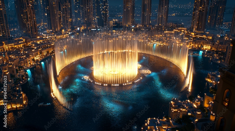 Canvas Prints Illuminated water fountain in a city at night.