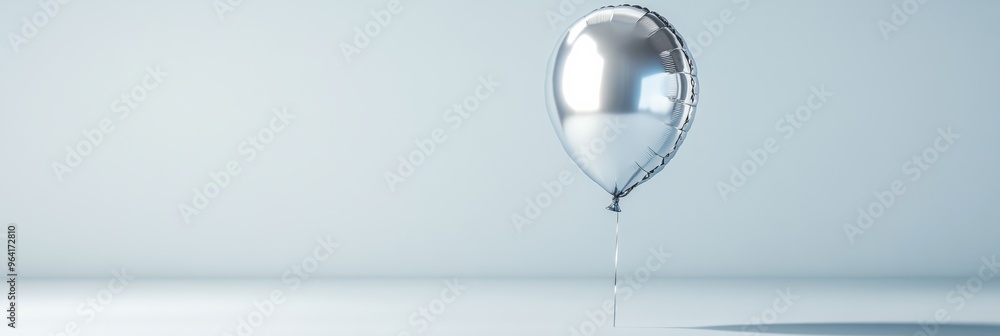 Poster a single silver balloon with a shiny surface, floating in a clean studio setting with a soft shadow 