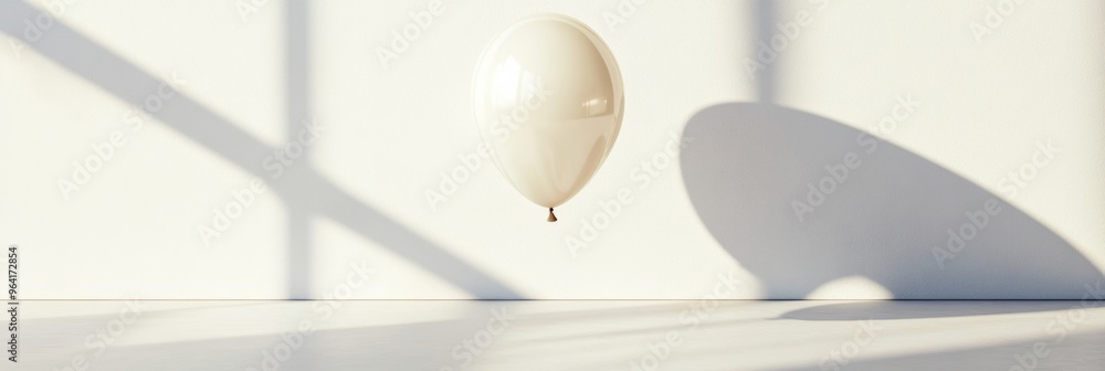 Poster a single white balloon with a shiny, reflective surface, floating in a minimal studio setting with s