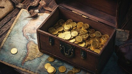 An open treasure chest with gold coins strewn across a faded pirate map, resting on a weathered wooden surface, evoking tales of pirates and treasure hunts.