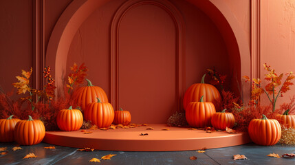 Halloween pumpkins on orange podium with seasonal decorations and bats, creating a festive autumn atmosphere in modern interior for spooky holiday celebration
