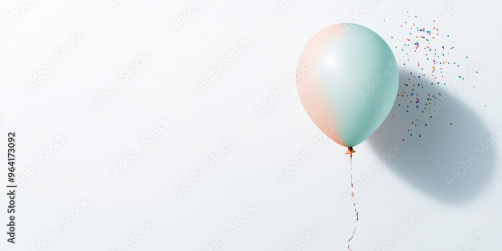Poster a soft pastel-colored balloon floating in mid-air with delicate shadows and a hint of confetti aroun
