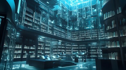 A futuristic library where books float in mid-air, surrounded by glowing holograms