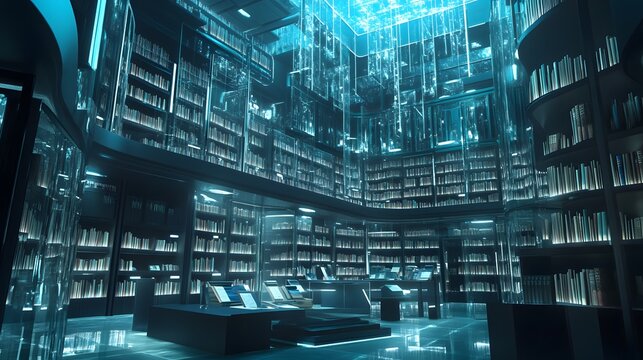 A futuristic library where books float in mid-air, surrounded by glowing holograms