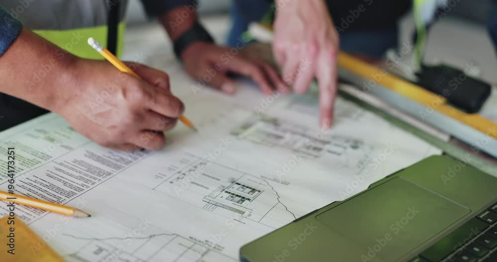 Poster employees, blueprint and contractor hands for drawing on construction site, maintenance and planning