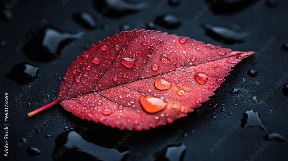 Poster a close-up of a red leaf with droplets on a dark surface.