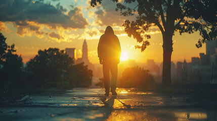 Silhouette of a homeless person walking alone at sunrise on wet streets, highlighting urban homelessness, poverty, and the urgent need for support and social assistance programs