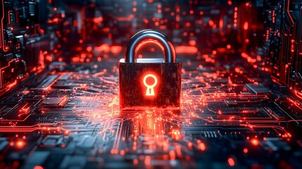 illustration of cybersecurity, featuring a large glowing padlock against a background of digital circuits and technological elements