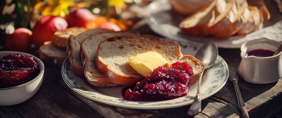 Sliced bread with butter and jam, served on a decorative plate with soft sunlight.