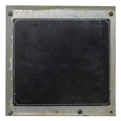 Fototapeta premium Copy space on an old worn metal black industrial nameplate is isolated.