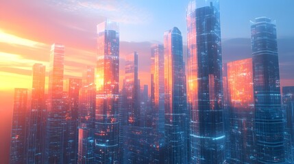 A futuristic skyline where skyscrapers are made of translucent materials, glowing with energy