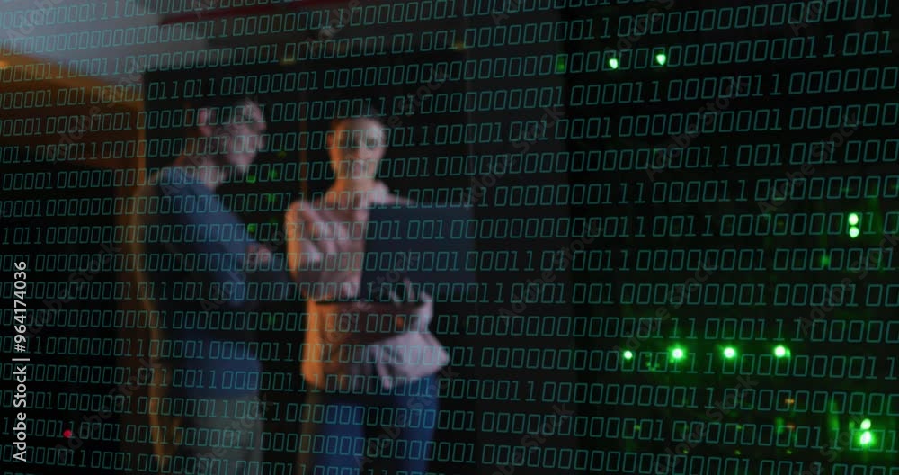 Poster binary code over people discussing in data center