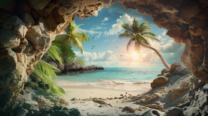 Obraz premium Stunning Tropical Beach Cave with Palm Trees and Blue Ocean Waves at Sunset â€“ Perfect Holiday Getaway and Travel Destination