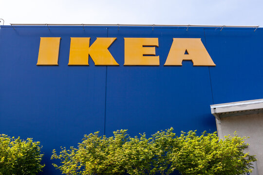 Portland, Oregon, USA-May 12, 2019: Ikea famous Swedish furniture store warehouse with its big yellow logo sign, near PDX airport in Portland. High quality picture for download
