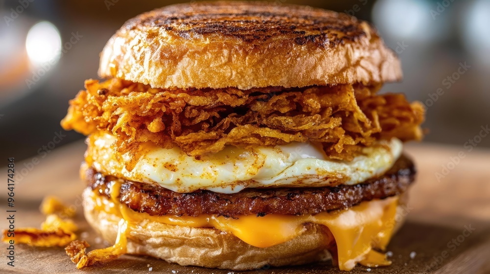 Canvas Prints Bacon egg and cheese sandwich with a layer of chipotle mayo and crispy hash brown, all on a toasted roll, mouthwatering breakfast classic.