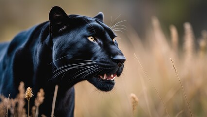 A black panther stands in tall grasses mouth open and eyes wide exuding wildness and power.