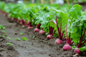 Organic vegetable garden with rows of beets