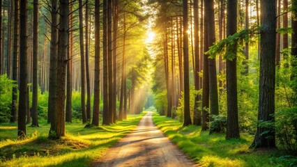 Fototapeta premium Peaceful forest path surrounded by tall trees on a sunny day