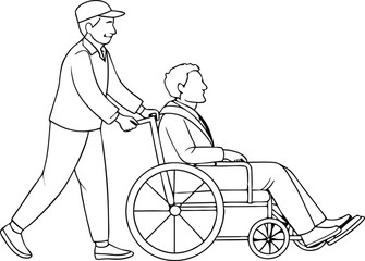 Man carries a patient in a wheelchair illustration black and white