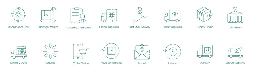 Comprehensive Logistics and Supply Chain Vector Icon Set for Global, Smart, and Green Operations