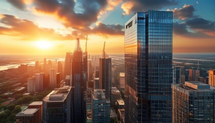 Fototapeta premium Sunset Over City Skyline with Modern High-Rise Buildings