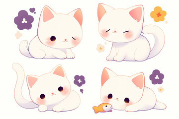 Cute white cat sticker character with different expressions and poses