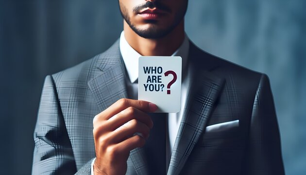 Close up of a man in a suit holding a card with Who Are You? printed on it, questioning identity and self perception