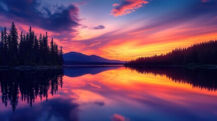 Obraz premium A beautiful sunset wallpaper showing a sunset scene over a lake with trees and other natural elements