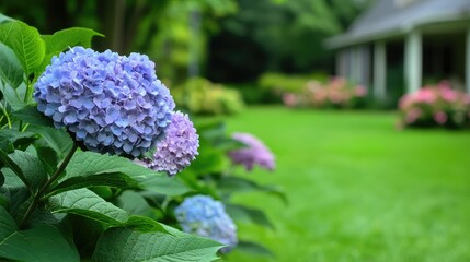 summer private garden with blooming Hydrangea Annabelle