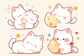 Cute white cat sticker character with different expressions and poses