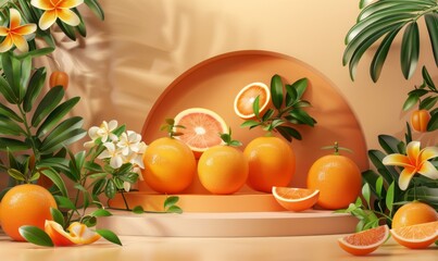 Fruit podium background product citrus beauty vitamin orange cosmetic lemon summer. Podium fruit health peach platform background concept stand presentation mockup plant display food juice scene stage