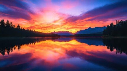 Fototapeta premium A beautiful sunset wallpaper showing a sunset scene over a lake with trees and other natural elements