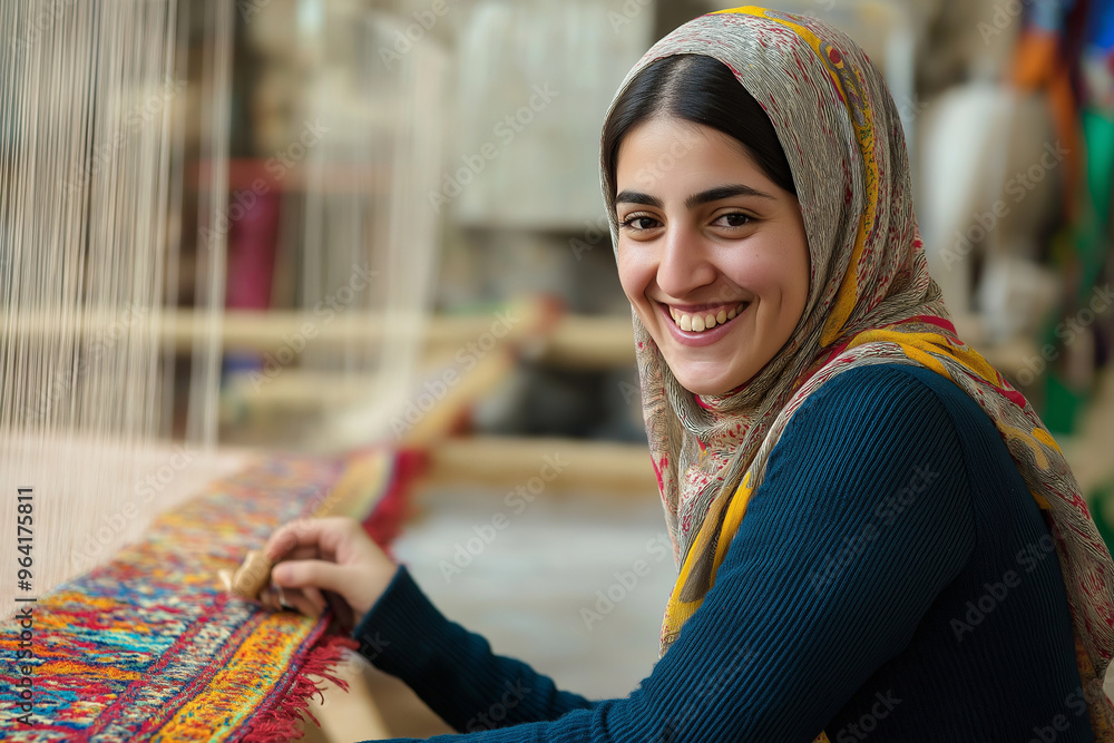 Wall mural a woman is smiling while working on a colorful piece of fabric