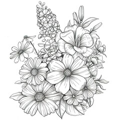 Fototapeta premium Detailed Black and White Floral Bouquet Sketch of Wildflowers