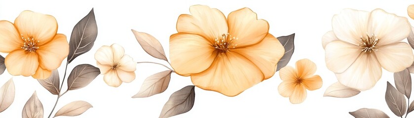 Watercolor Floral Border Beige and Brown Flowers with Leaves, Floral border, watercolor, leaves