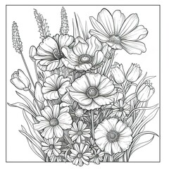 Detailed Black and White Floral Bouquet Sketch of Wildflowers