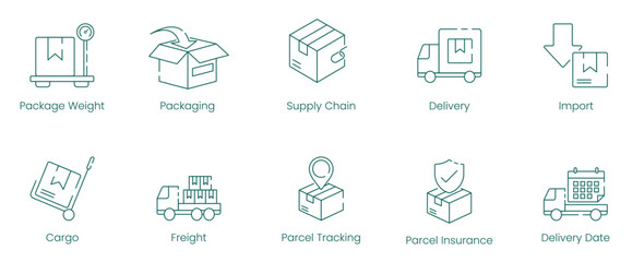 Shipping and Freight Management Vector Icon Set for Packaging, Cargo, and Parcel Services