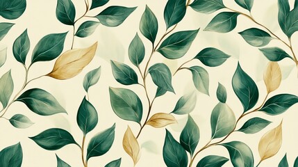 Watercolor Green and Gold Leaves on Cream Canvas, Floral Pattern, Botanical Art, Nature, Green, Gold, Leaves