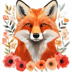 Obraz premium Fox with Flowers Watercolor Illustration.