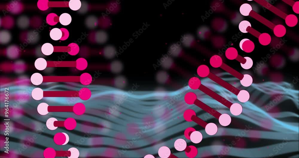 Poster dna strands and binary coding animation over undulating blue waves